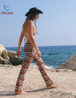 Fabricant de maillots de bain bohèmes en gros, ensemble bikini 3 pièces rayé pour femme, pantalon évasé, tenue de plage, OEM ODM personnalisé
