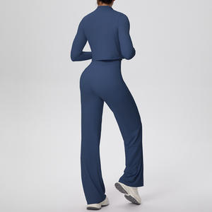 Abbigliamento da donna in tinta unita spazzolato aderente all'americana lungo a tre pezzi Set da Yoga sportivo da corsa - Product Image 4