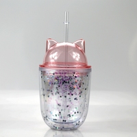 Tasse à café Double couche en plastique, pour le ventre, en acrylique, Mini paillettes et oreilles de chat, mignonne, avec paille, 1 pièce