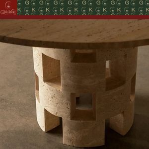 <span class=keywords><strong>Table</strong></span> à manger en travertin GOLDKING, pierre beige pour cuisine et salle à manger, design naturel poli sur mesure avec base géométrique - Product Image 3