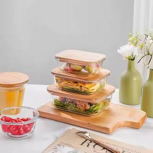 Scatola di vetro all'ingrosso di bambù e copertura di legno vetro resistente al calore fresco-conservazione scatola di pranzo frigorifero scatola di immagazzinaggio refrigerata - Product Image 3