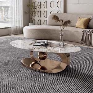 Thiết Kế Mới Đẹp Sang Trọng Mặt Trăng Hình Bầu Dục Vòng Gốm Hoặc Đá Cẩm Thạch Bảng Top Bóng Thép Không Gỉ Bàn Cà Phê Cho Phòng Khách - Product Image 4