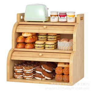 Senle Bamboo Double Layer Bread Box With Handle Kitchen Countertop Pastry Storage Container Condiment Shelf Natural Wood Color - Product Image 2