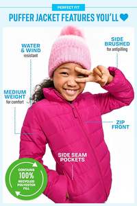 Veste matelassée zippée résistante au vent et à l'eau de poids moyen pour bébés et jeunes filles de The Children's Place - Product Image 4