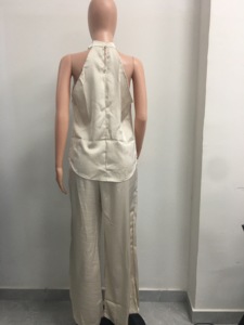 Mode féminine printemps/été, nouvelle arrivée, pantalon long sans manches à coupe décontractée, ensemble en satin 2 pièces, tendance - Product Image 5