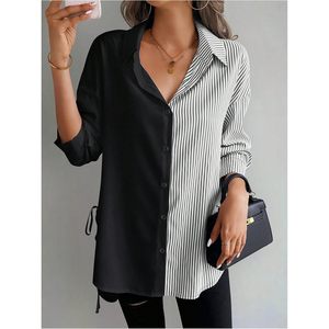 FOXA Chemise asymétrique rayée à manches longues et boutonnée pour femme, grande taille, pour le travail, automne - Product Image 5