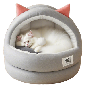 Coussin pour animaux de compagnie semi-fermé en coton 100% écologique et adapté aux chats, chaud pour l'hiver, motif uni, maison pour chat, carton, chatons, chiots - Product Image 1