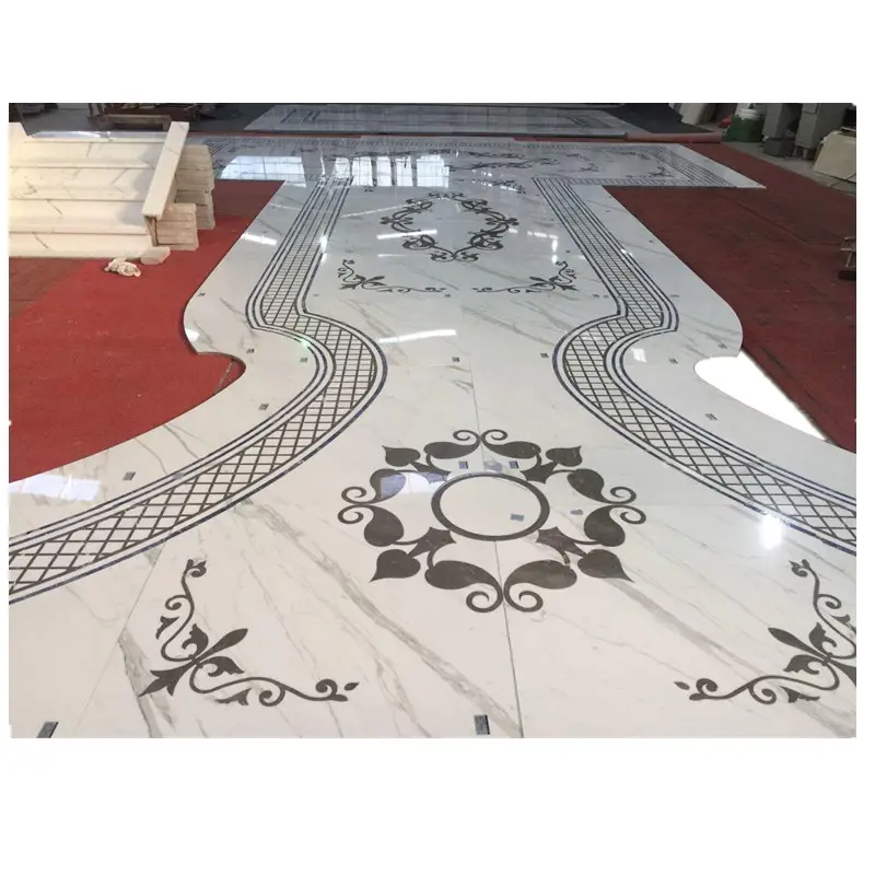 Custom black and white flower water jet mosaic marble designs square floor tile floor inlay