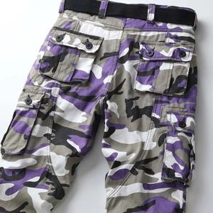 Pantalon cargo camouflage décontracté, pantalon en coton léger, multi-poches, taille élastique, lavage délavé, devant plat - Product Image 3