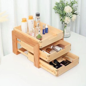 Wooden Desktop Storage Rack Three Tier <b>Drawer</b> Organizer Natural Color Office Stationery Cosmetic Holder - Product Image 1