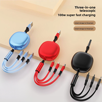 Grosir Kabel Data Transfer Pengisian Cepat 3-in-1 Retractable 100W Baru 2026 USB-A USB-C 8-Pin untuk Mobil, Ponsel, Tablet
