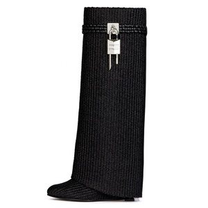 Fold Over Long Booties Soft Overlay Slip-on Wedge <b>Heel</b> Shoes Women's Knee High Boots Metal Shark Lock Size 43 - Product Image 1