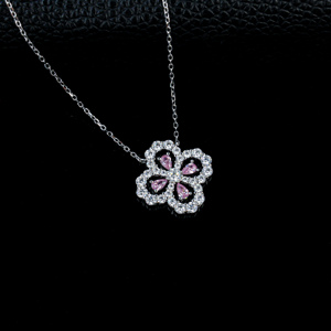 Collier pendentif trèfle à quatre feuilles en argent sterling S925 avec zircone cubique rose pour femmes-V - Product Image 2