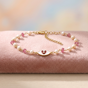Bracelet chapelet en argent sterling 925 avec charm cœur mignon plaqué or, perle AAA, topaze rose, émail rouge et blanc, pierre de zircon - Product Image 2
