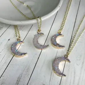 Fashion Jewelry Natural Druzy Moon Crescent crystal Quartz Pendant 925 sterling silver necklace