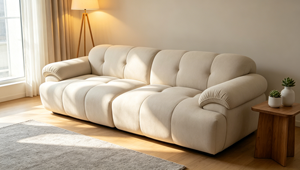 Sofá Cama Minimalista de Tela Crema con Respaldo Acolchado y Brazos Enrollados, Sofá de Tres Plazas para Sala de Estar - Product Image 3
