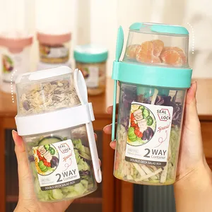 Plastic Food Storage Container Breakfast Oatmeal Cereal Seal Salad Cup with Lid Fork Spoon Breakfast Cup