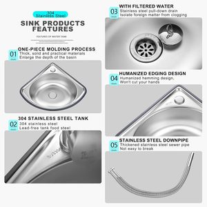 Lavabo triangolare a parete in acciaio inossidabile con sifone e rubinetto per <span class=keywords><strong>bagno</strong></span>, lavanderia e ripostiglio - Product Image 6