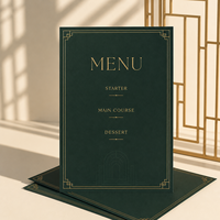 Cartes de menu de mariage personnalisées de luxe vert forêt avec bordure dorée Art Déco, menus de table de réception personnalisés