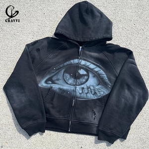 Maßgefertigter Airbrush-Augen-Grafik Reißverschluss-<span class=keywords><strong>Hoodie</strong></span> in Rosa Oversized Vintage-Waschung Streetwear Distressed <span class=keywords><strong>Raglan</strong></span>-Ärmel - Product Image 3