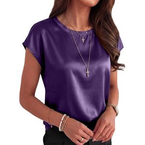 Womens Silk Satin <b>Blouse</b> Cap Sleeve Crew Neck Office Casual Top Anti Wrinkle 2026 Summer Outfit - Product Image 2