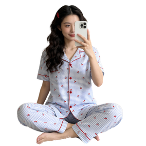 Women's Summer Casual Soft Cotton 100% Turn-down Collar <b>Cardigan</b> <b>Short</b>-<b>Sleeved</b> Two-Piece Pajamas Striped Elastic Waist Pants - Product Image 2