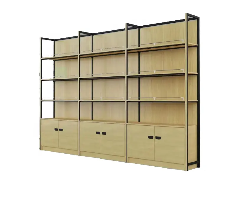 Single side customizable merchandise display rack retail store shelves with bottom cabinet multilayer supermarket iron wood rack
