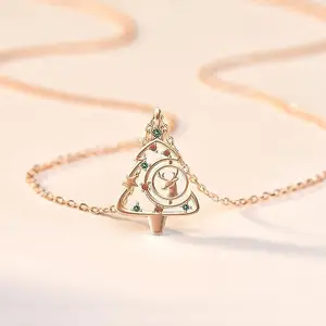 New Design Cute Christmas Tree Necklace With Cz Stone Stainless Steel Colorful Bling Fashion Jewelry Pendants & Charms Necklace