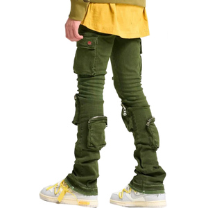 Moda verde Skinny bordi grezzi orlo Multi tasche Cargo impilati Jeans <span class=keywords><strong>pantaloni</strong></span> per uomo - Product Image 4