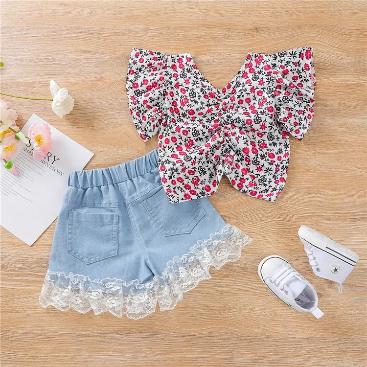 Conjuntos de ropa de verano para niñas pequeñas, top con estampado de flores + pantalón corto vaquero