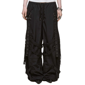 Pantalon cargo parachute 100 % nylon pour homme, avec harnais à œillets, coupe ample, jambe large, taille élastique avec cordon de serrage, pantalon fonctionnel de style urbain - Product Image 1