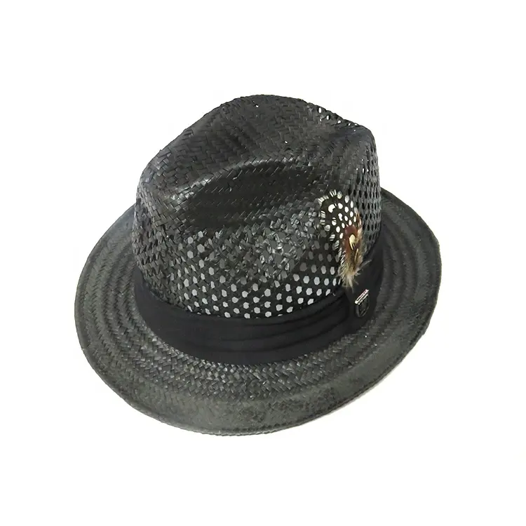 OEM personalizado único diseño de verano sombrero negro Sombrero panamá de paja con pluma