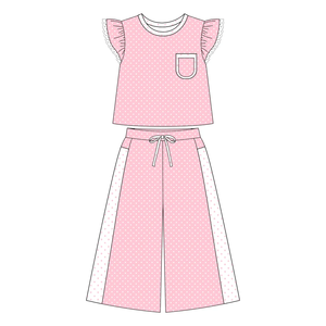Vente en gros de hauts à manches volantées à pois pour fillettes avec poche et pantalon large, ensembles de 2 pièces, vêtements décontractés pour enfants - Product Image 3