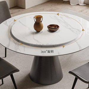 Table à manger ronde de luxe à motif marbré avec plateau tournant en pierre blanche, base évasée noire, 6-8 places, mobilier de restaurant et d'hôtel - Product Image 3