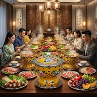 Deyanhaohuo Ensemble de cuisson individuel pour fondue, usage commercial, base en cuivre cloisonné, intérieur émaillé, poignée dorée, motif pivoine, résistant à la chaleur