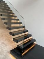 Escalier flottant minimaliste avec marches en bois et balustrade en panneaux de verre transparent