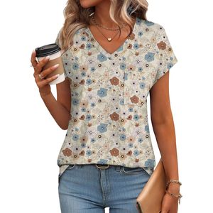 Women's V Neck Cap Sleeve T-Shirt Floral Print Cotton Breathable Pocket Front Casual <b>Top</b> - Product Image 2