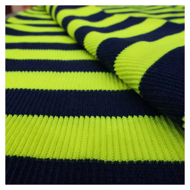 220 GSM hot sell spandex rib fabric in knitted yarn dyed light deep blue and fluorescent yellow stripes fabric for garment