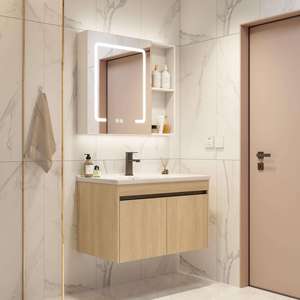 Meuble-lavabo mural en bois naturel personnalisé avec vasque en céramique et armoire miroir LED intelligente anti-buée avec étagère ouverte - Product Image 3