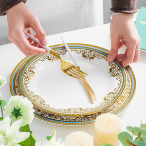 Assiette en porcelaine écologique de style américain avec bordure dorée, idéale pour les dîners occidentaux, les spaghettis et les steaks, parfaite pour un usage quotidien. - Product Image 1