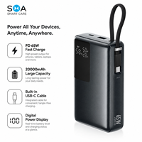 Batterie externe sans fil étanche OEM 20000mAh 65W USB-C PD à charge rapide avec câble Type-C intégré et écran numérique pour ordinateur portable et téléphone
