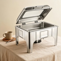Plat de service carré professionnel de luxe en acier inoxydable argenté avec couvercle en verre pour buffet et maintien au chaud