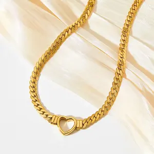 Fashion Jewelry Stainless Steel Flat Snake Chain 18K Gold Plated Hollow Love Heart Pendant Necklace For Women