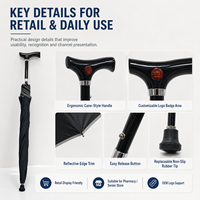 Parapluie Canne 2-en-1 Prêt à l'emploi avec Hauteur Réglable sur 5 Niveaux, Charge de 80 kg, Embout en Caoutchouc Remplaçable, Logo Personnalisé OEM