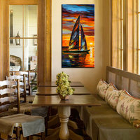 Peinture à l'huile acrylique 100% peinte à la main, Paysage de Regatta de Voiliers Vibrant, Art Mural Moderne, Décoration pour Maison de Plage, Cadeaux