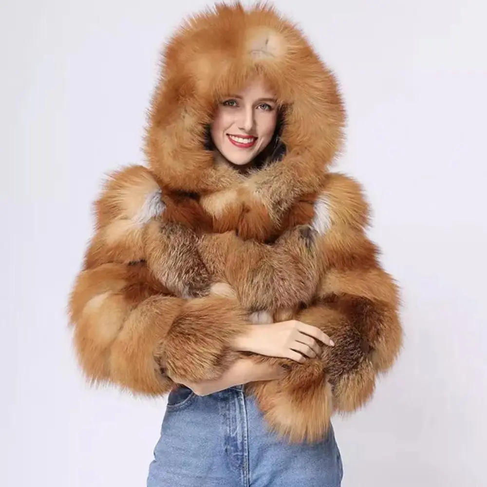 fashion stand collar short red fox fur coat winter women fluffy crop fox fur coat