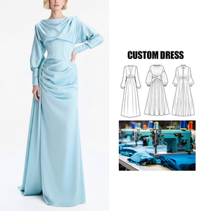 OEM Service Custom produttore donna irregolare manica lunga luce blu semplice pieghe modeste lunghezza pavimento <span class=keywords><strong>abito</strong></span> da sera - Product Image 1