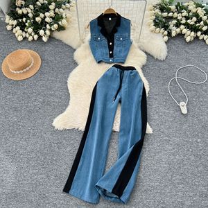 Conjunto de 2 piezas de mezclilla casual para mujer: chaleco sin mangas con solapa y pantalones rectos de cintura alta con pernera ancha, diseño de colores en contraste, a la moda. - Product Image 2
