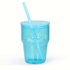 Fashion Pastel Pink Transparent Stack Glass <b>Cup</b> <b>Reusable</b> Straw Lid Glass Tumbler for Bar Cafe Use - Product Image 1