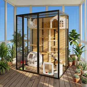 Condo pour animaux de compagnie de luxe moderne, personnalisable, avec structure en acier au carbone massif, panneaux en bois de caoutchouc, verre trempé, roulettes mobiles et grand espace pour chat - Product Image 6